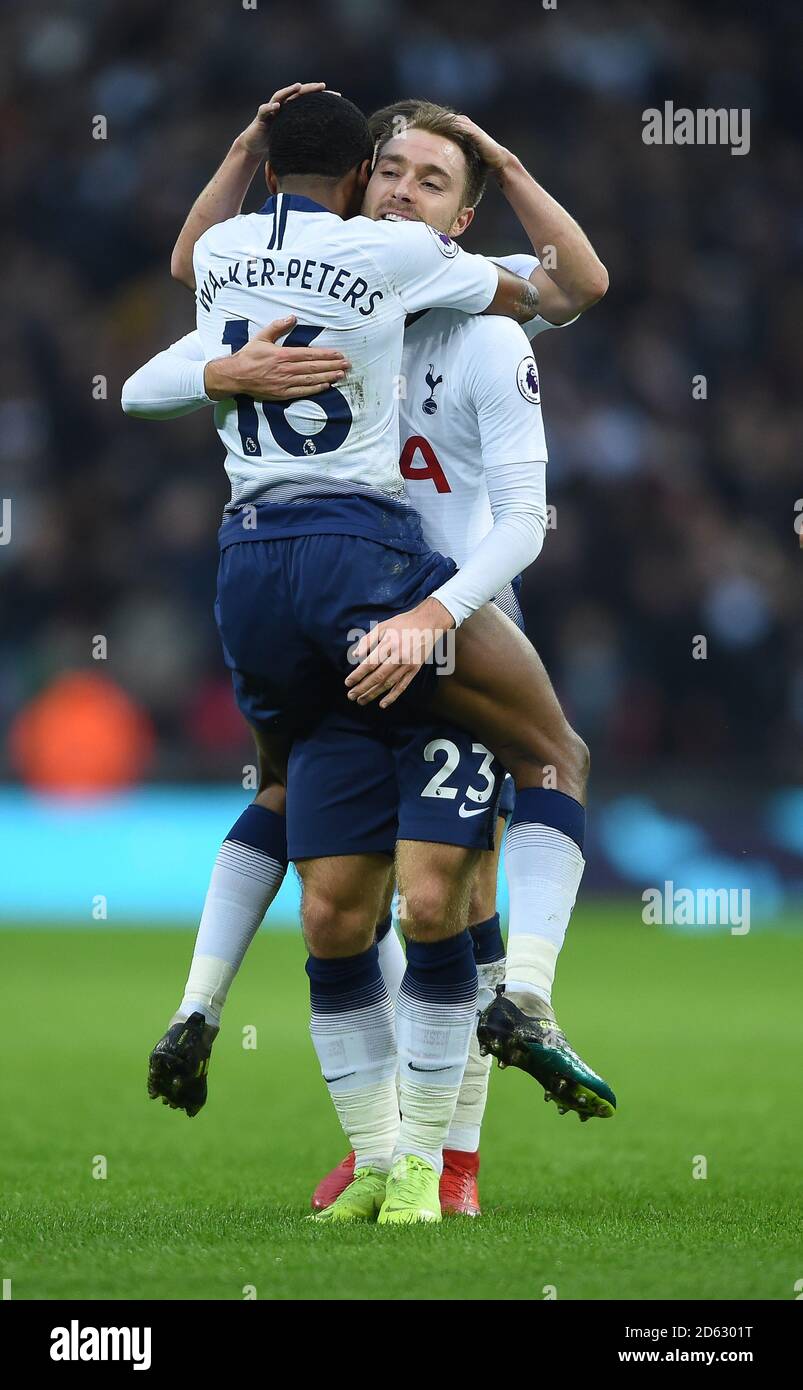 Tottenham Hotspur's Christian Eriksen celebrates scoring his side's first goal of the game with Kyle Walker-Peters (left) Stock Photo
