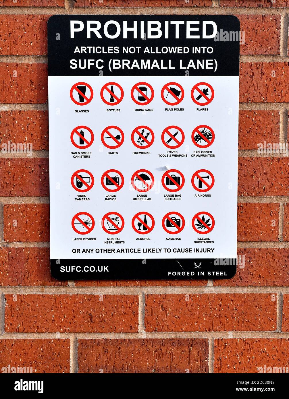 A prohibited items sign at Bramall Lane Stock Photo Alamy