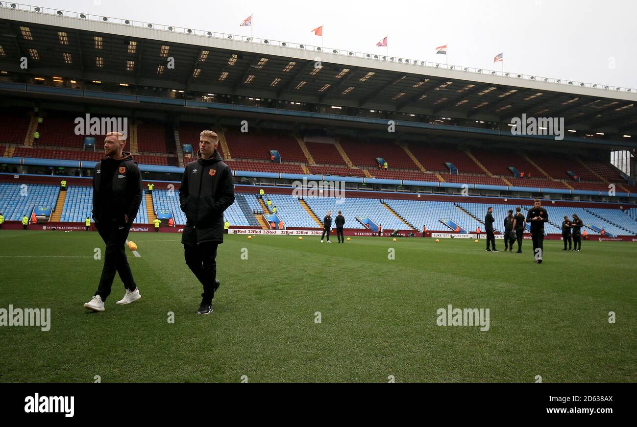 Hull City's Lewis Ritson (left) and Max Sheaf inspect the pitch before the Sky Bet Championship game. Stock Photo