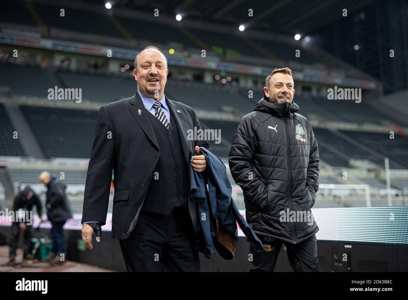 Newcastle United manager Rafael Benitez (left) and assistant manager Francisco 'Paco' De Miguel Moreno arrives at St James' Park for the game against Manchester City Stock Photo