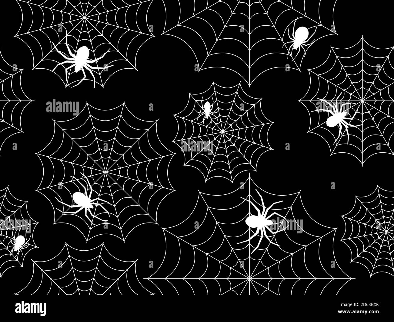 Spiders and cobweb seamless patren, white outlines on a black background. Halloween background with scary spiders, design for printing on flyers, invi Stock Vector