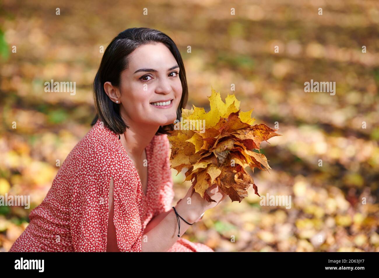 Pretty brunette woman with yellow leaves on autumn park background Stock Photo