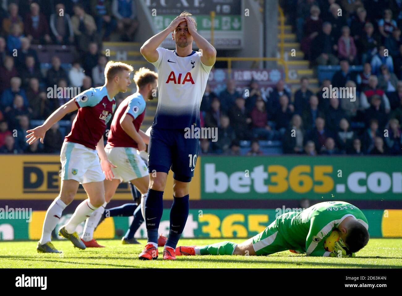 Tottenham Hotspur's Harry Kane reacts as his shot on goal saved by Burnley goalkeeper Thomas Heaton Stock Photo