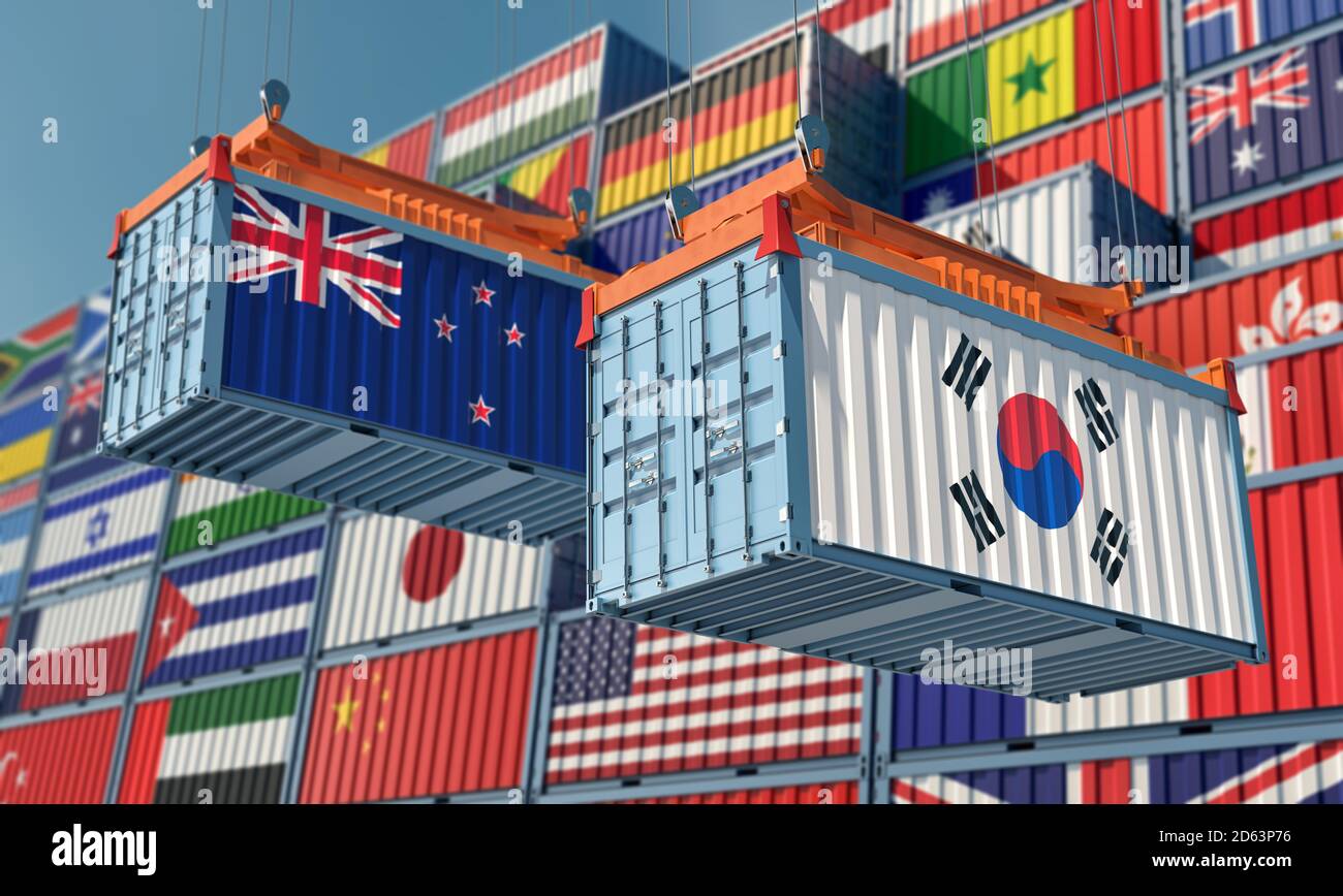 Freight containers with South Korea and New Zealand national flags. 3D