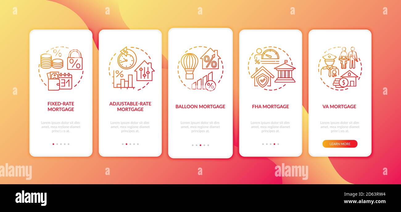 Mortgage types onboarding mobile app page screen with concepts Stock Vector