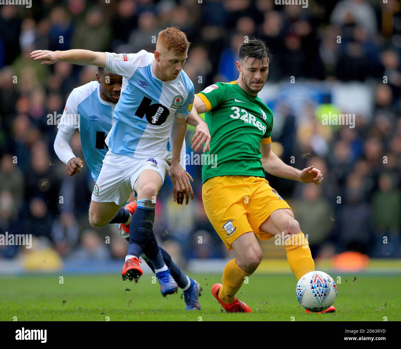 Blackburn Rovers' Harrison Reed and Preston North End's Andrew Hughes battle for the ball. Stock Photo