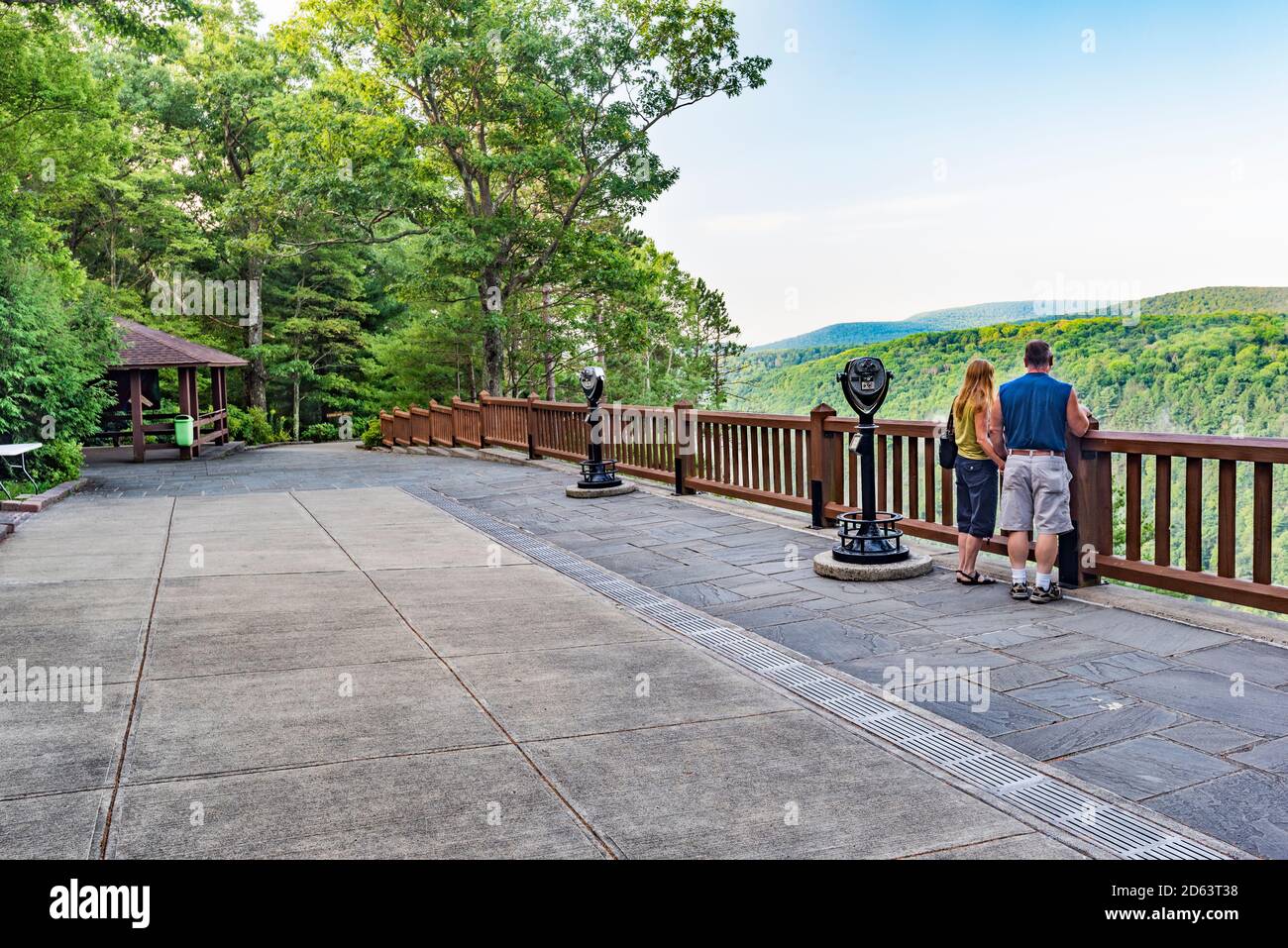 Couple take in the sights of Pine Creek Gorge popularly known as Pennsylvania's Grand Canyon from Leonard Harrison State Park overlook, Tioga County, Stock Photo