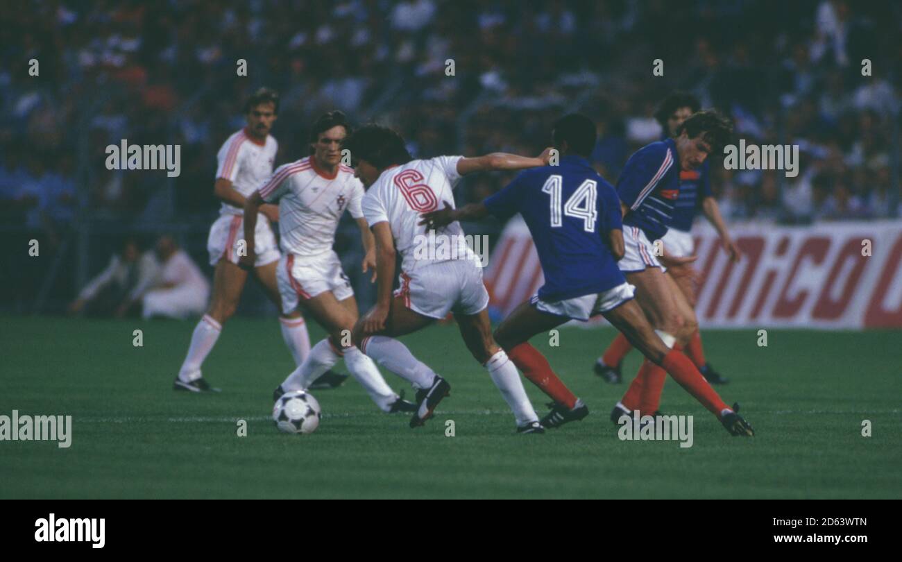Jaime Pacheco (Portugal) shields the ball from Jean Tigana (France) Stock Photo