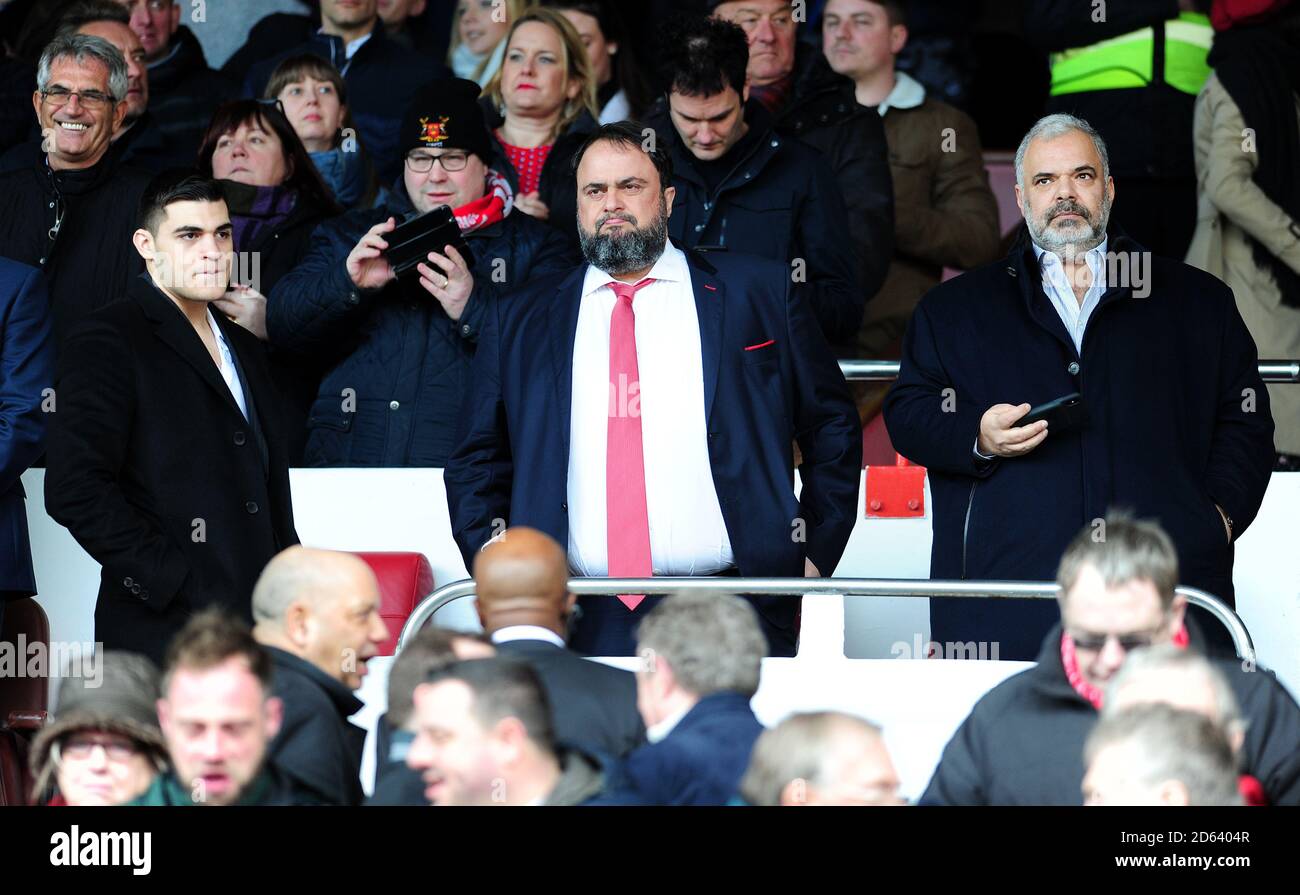 Nottingham Forest owners Evangelos Marinakis (centre) and Sokratis