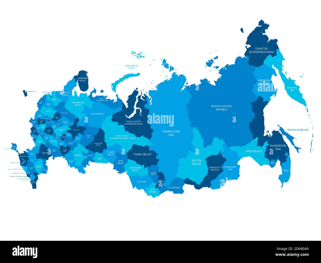 Blue political map of Russia, or Russian Federation. Federal subjects - republics, krays, oblasts, cities of federal significance, autonomous oblasts and autonomous okrugs. Simple flat vector map with labels. Stock Vector
