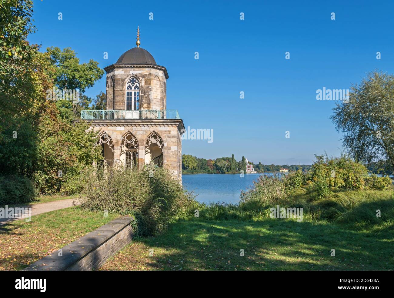 Gothic Library, the sandstone pavilion, two-story, octagonal, pavilion-like tower surrounded by a four-sided archway on the southern shore of the Heil Stock Photo