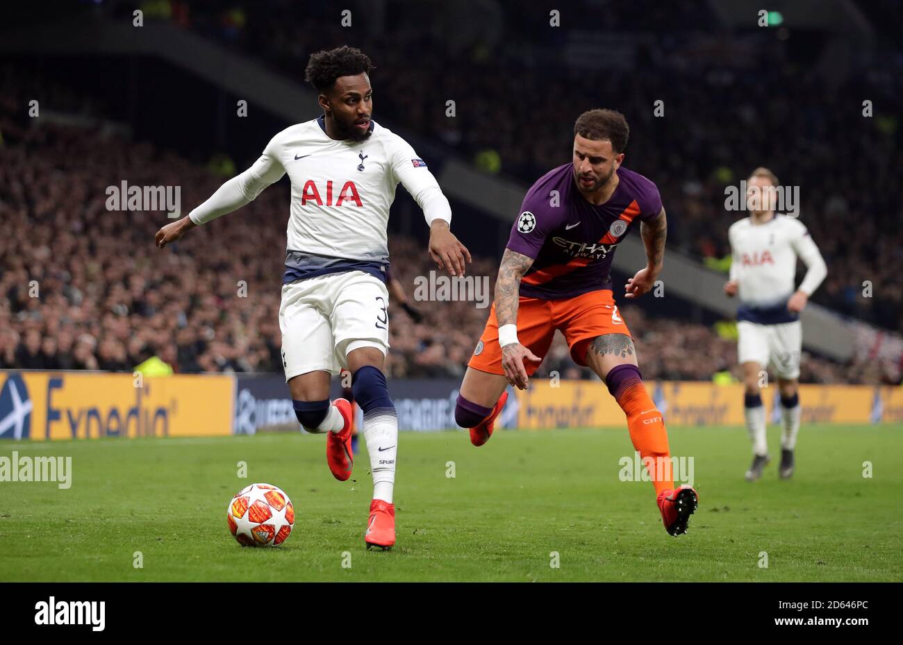 Tottenham Hotspur's Danny Rose (left) and Manchester City's Kyle Walker battle for the ball Stock Photo