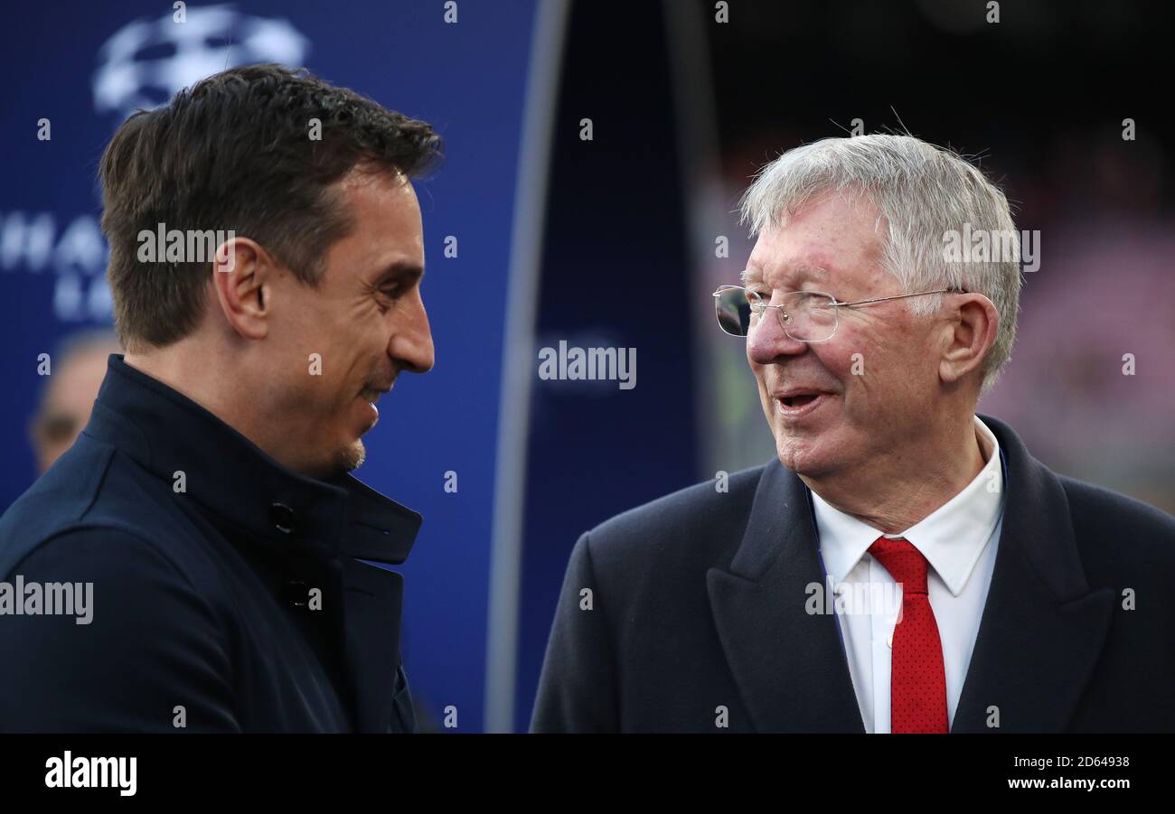 Gary Neville and Sir Alex Ferguson share a joke before kick off Stock ...