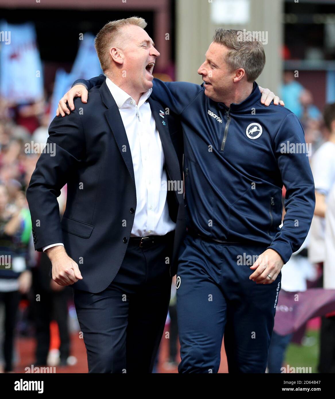 Aston Villa's manager Dean Smith (left) and Millwall manager Neil Harris Stock Photo