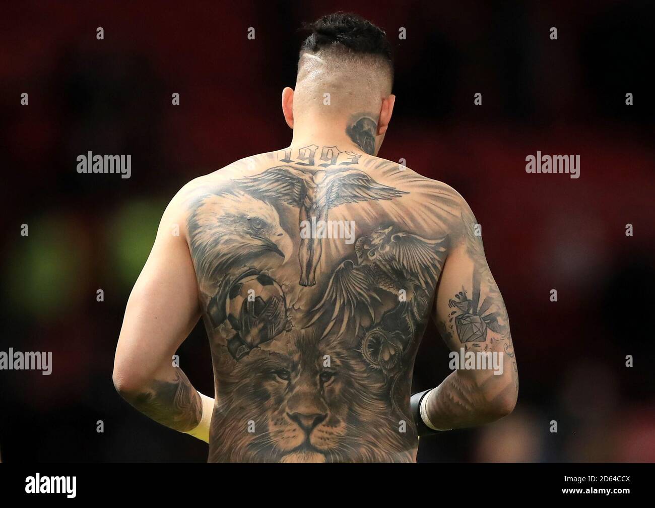 Ederson of Manchester City back tattoos during the Premier League match at  Old Trafford, Manchester. Picture date: 24th April 2019. Picture credit  should read: Andrew Yates/Sportimage via PA Images Stock Photo -