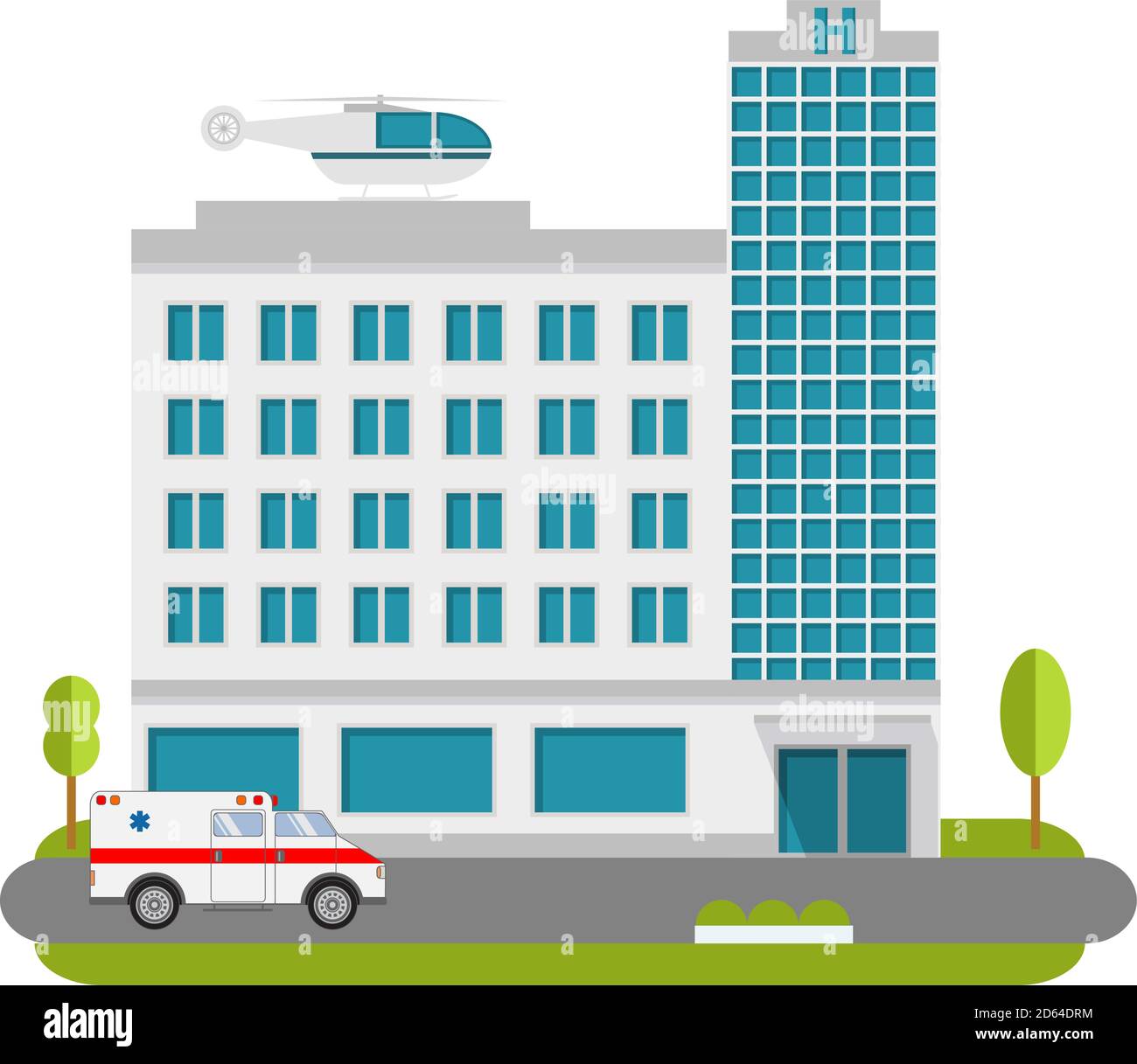 City Hospital and Clinic building with ambulance flat style and the car and the helicopter of medical care. Stock Vector