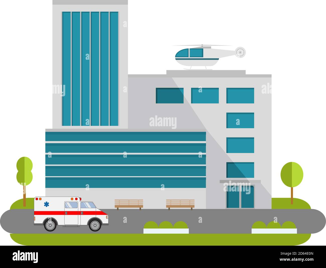 City hospital building with ambulance flat style and the car and the helicopter of medical care. Stock Vector