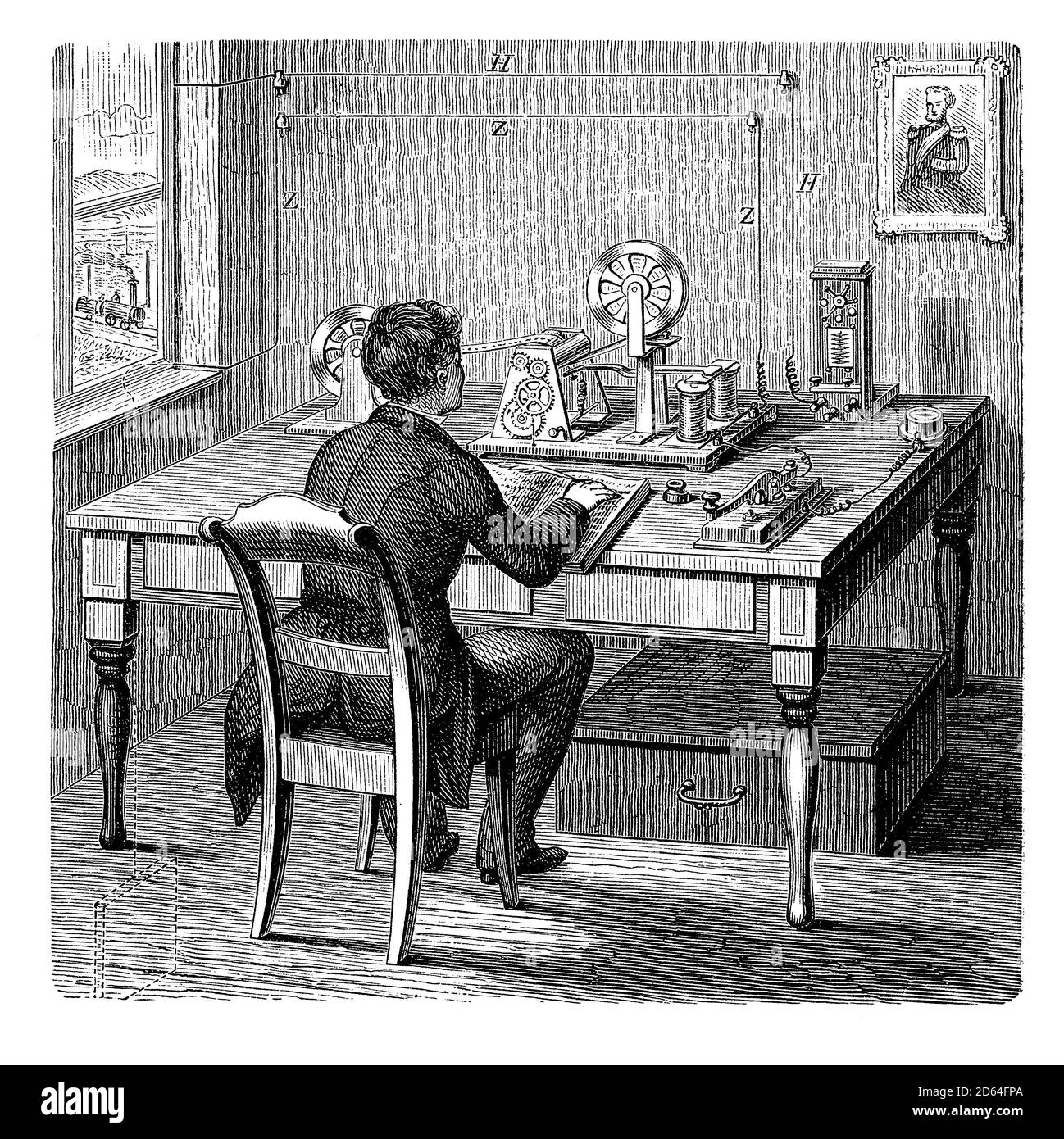 Vintage technology: Morse telegraph office station, employee working with the code Stock Photo
