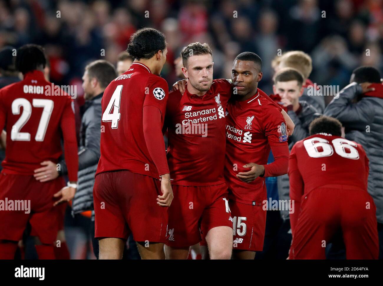 Liverpool's Virgil van Dijk (left to right), Jordan Henderson and Daniel  Sturridge celebrate after the final whistle Stock Photo - Alamy