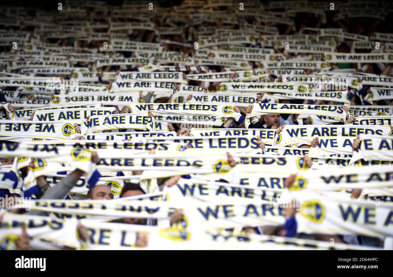 Leeds United fana holding 'We Are Leeds' scarf before the game Stock Photo  - Alamy