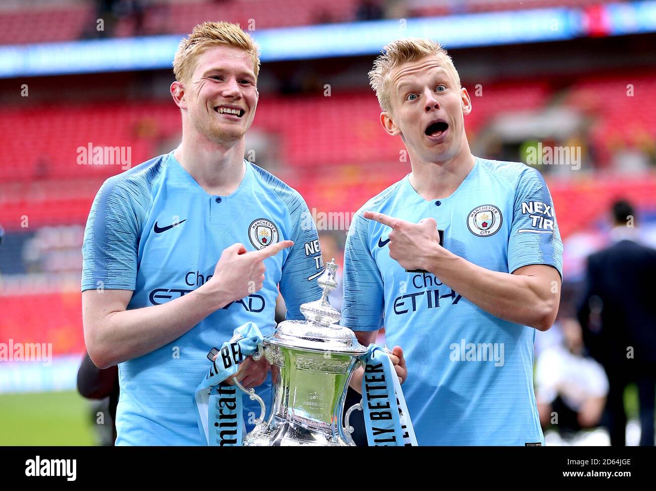 Manchester City S Kevin De Bruyne Left And Oleksandr Zinchenko Celebrate With The Trophy At The End Of The Match Stock Photo Alamy