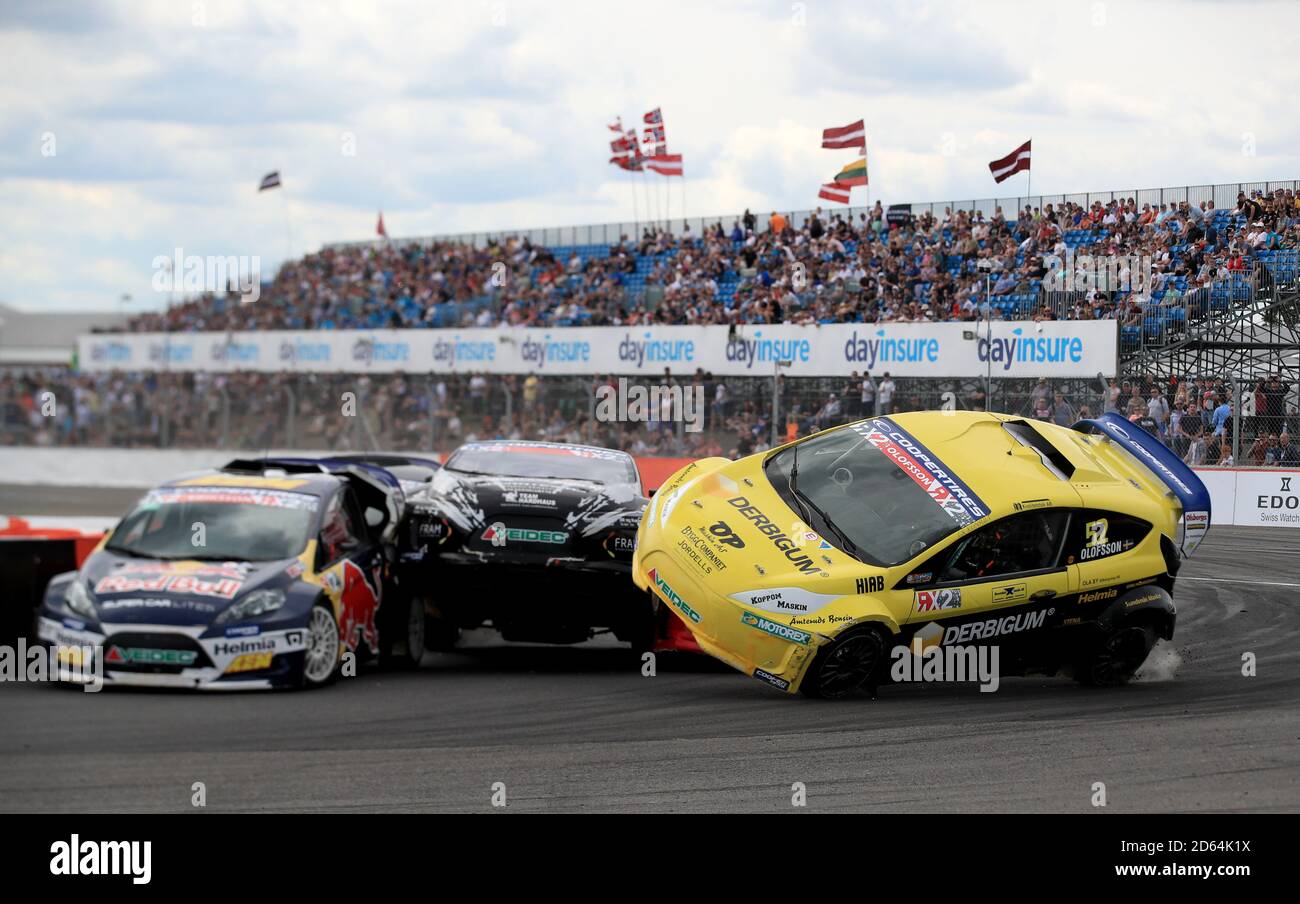 (L-R) Oliver Eriksson, Ben-Phillip Gundersen, and Simon Olofsson in the RX2 qualifying during day one of the 2019 FIA World Rallycross Championship at Silverstone. Stock Photo