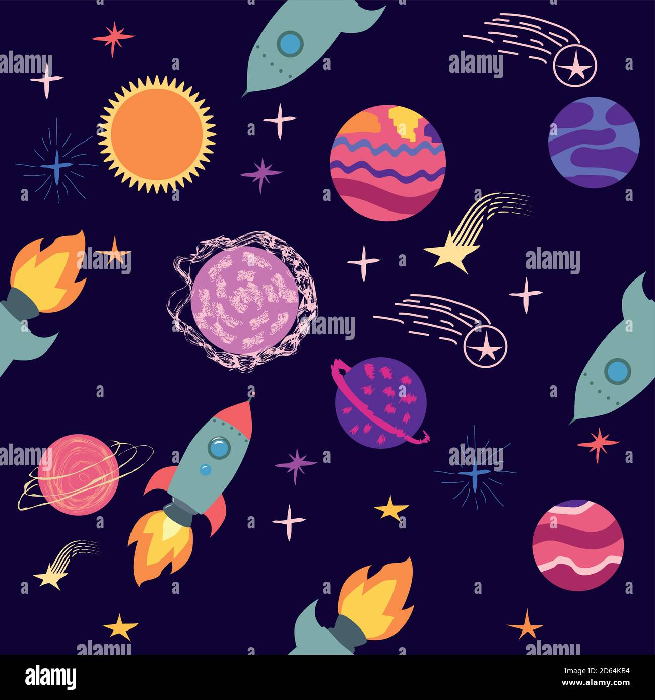 Seamless space pattern. Planets, rockets and stars. Cartoon spaceship ...