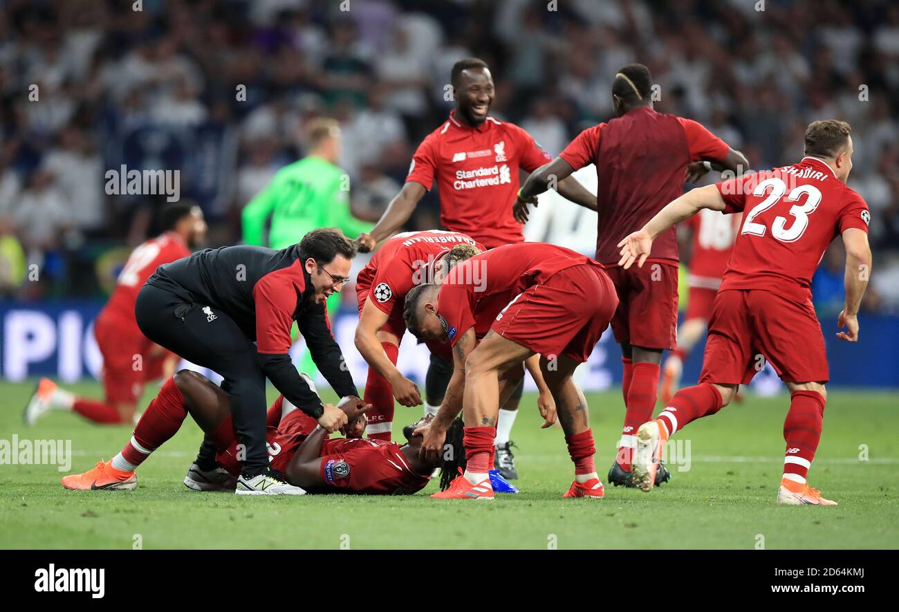 Liverpool players celebrate at the final whistle after the UEFA Champions League Final at the Wanda Metropolitano, Madrid. Stock Photo