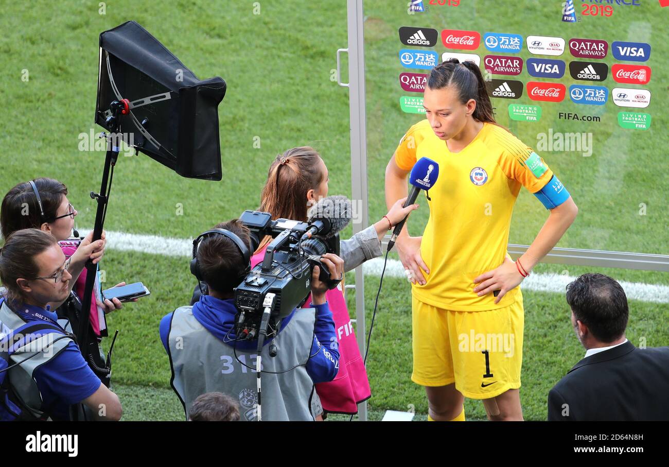 Chile goalkeeper Claudia Endler is interviewed after the match Stock Photo