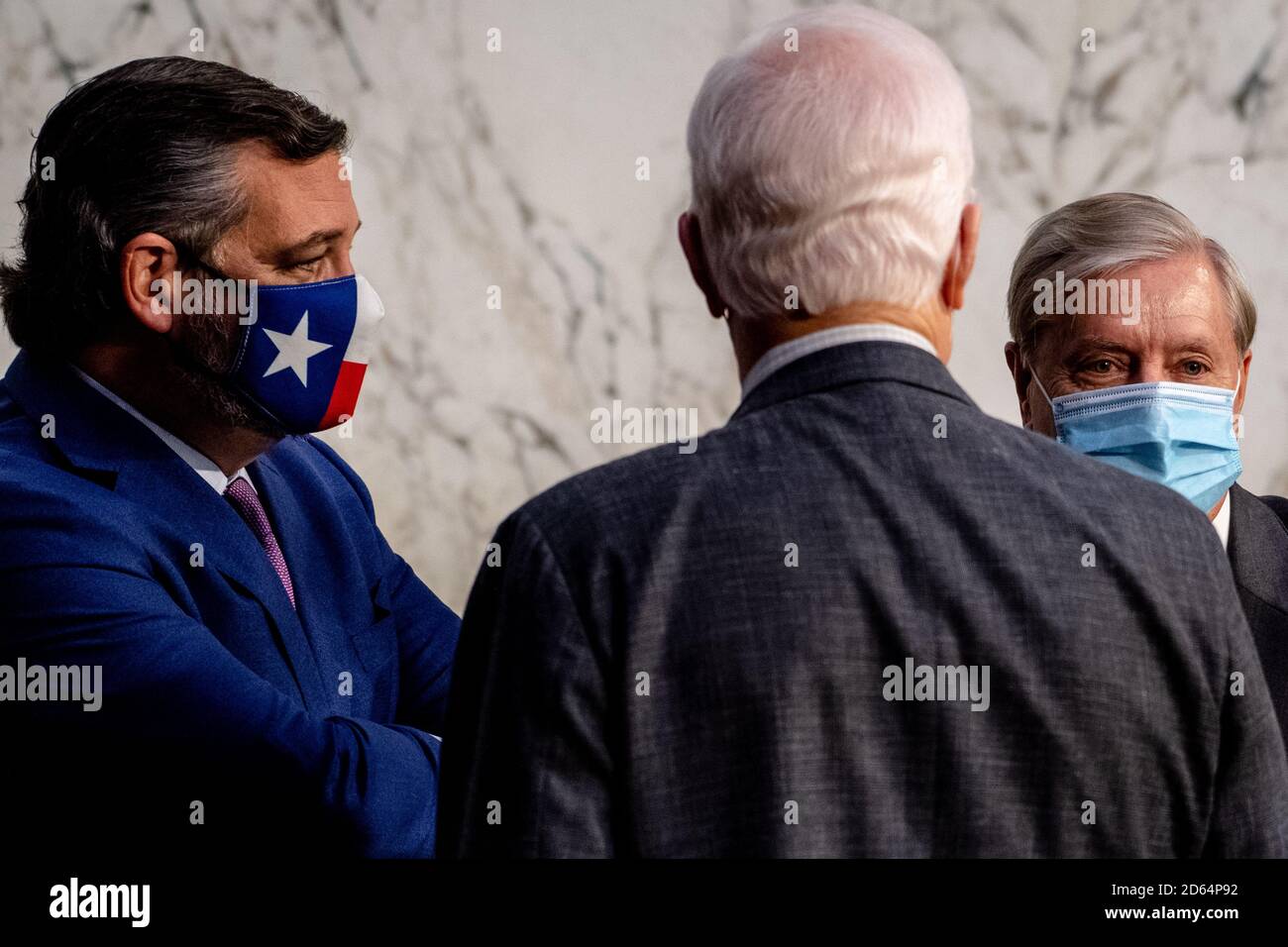 Washington, Dc, USA. 14th Oct, 2020. WASHINGTON, DC- OCTOBER 14, 2020: From left, Ted Cruz (R-TX), John Cornyn (R-TX) and Lindsey Graham (R-SC) on a break after all of the microphones unexpectedly stopped working off during the third day of the Amy COney Barrett nomination hearings on Wednesday. (Photo by Pool/Sipa USA) Credit: Sipa USA/Alamy Live News Stock Photo