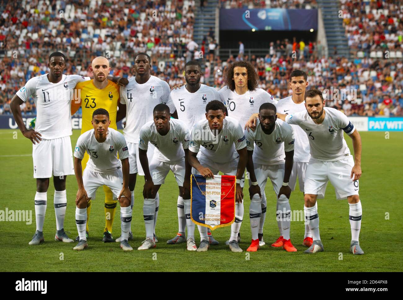 France U21 team group. Top row (left to right) France U21's Jean-Philippe Mateta, Paul Bernardoni, Ibrahima Konate, Dayot Upamecano, Matteo Guendouzi and Houssem Aouar. Bottom row (left to right) Colin Dagba, Fode Toure, Jeff Reine-Adelaide, Jonathan Ikone and Lucas Tousart Stock Photo