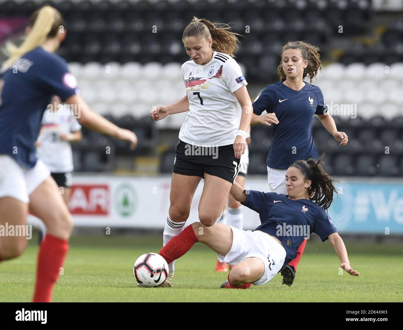 Germany's Melissa Kossler is tackled by France's Manon Revelli during the UEFA Women's Under 19 Championship - Final Stock Photo