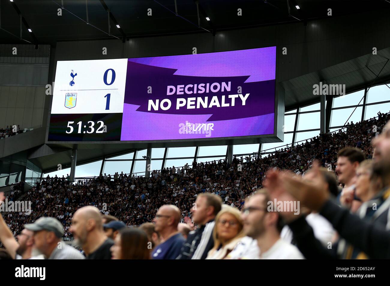 The big screen shows a VAR decision for no penalty after Aston Villa's ...