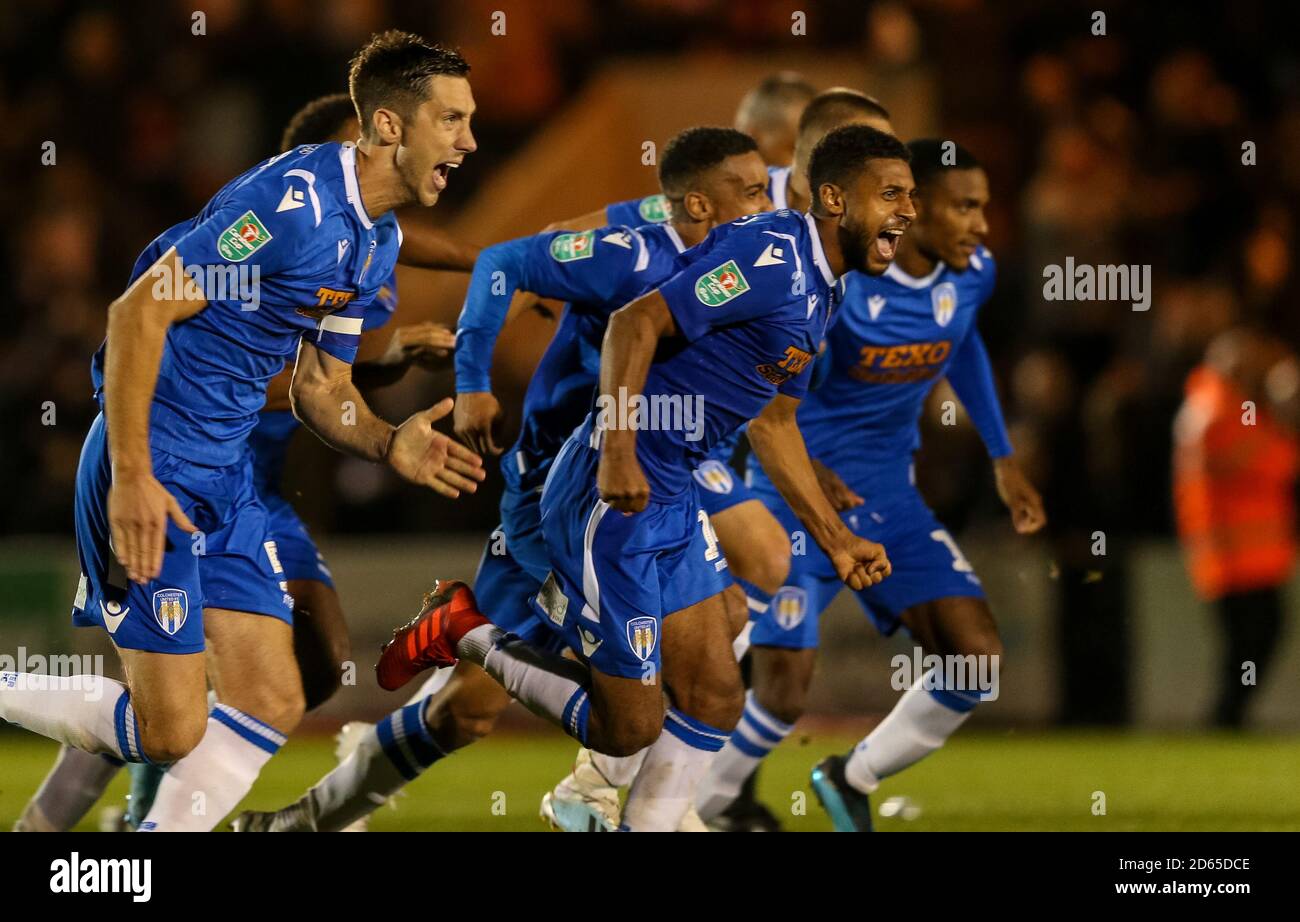 Colchester United celebrate winning the penalty shoot out Stock Photo