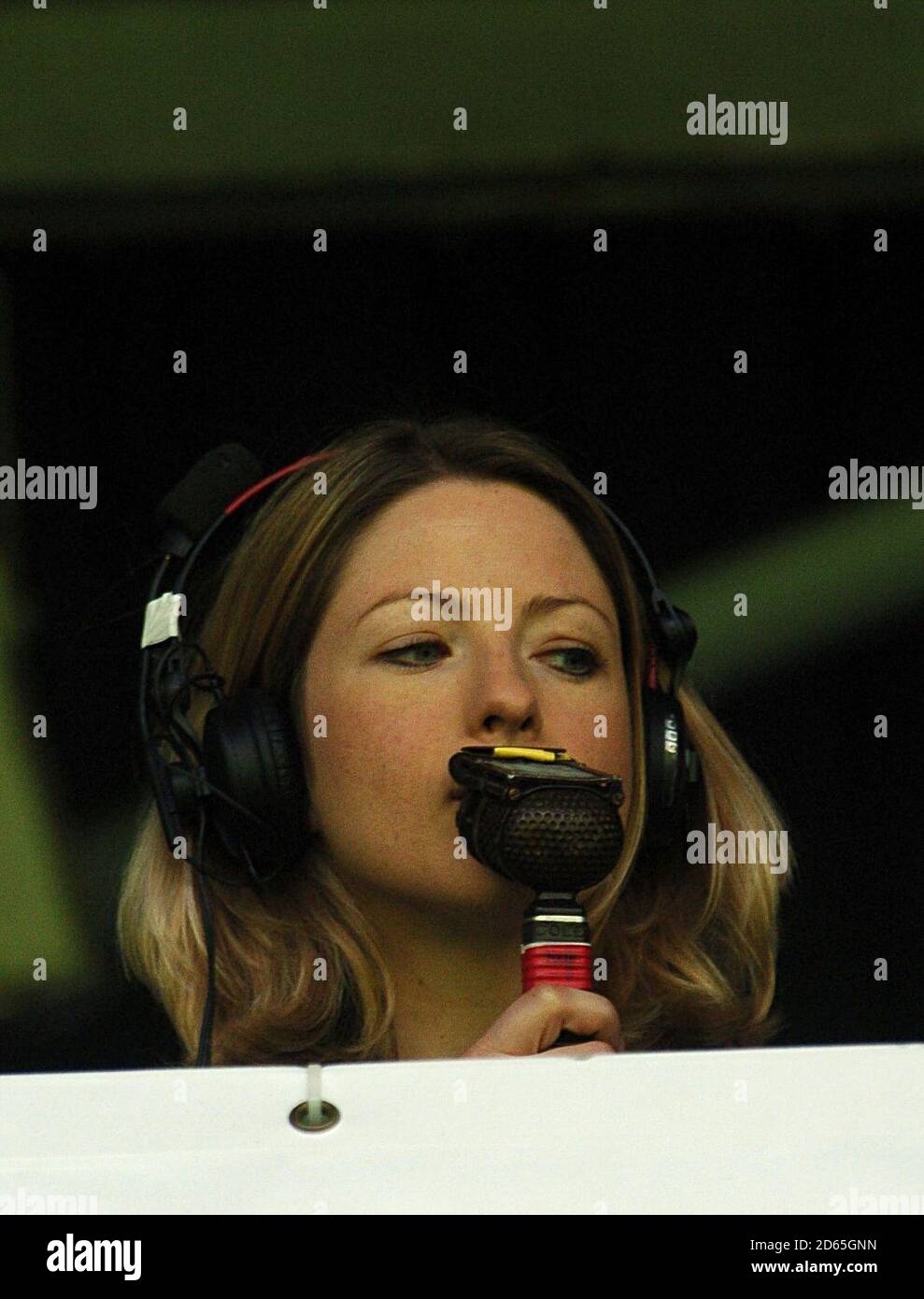 BBC sports commentator Jacqui Oatley, takes her position to become the first woman commentator in Match of the Day's 43-year history. Stock Photo