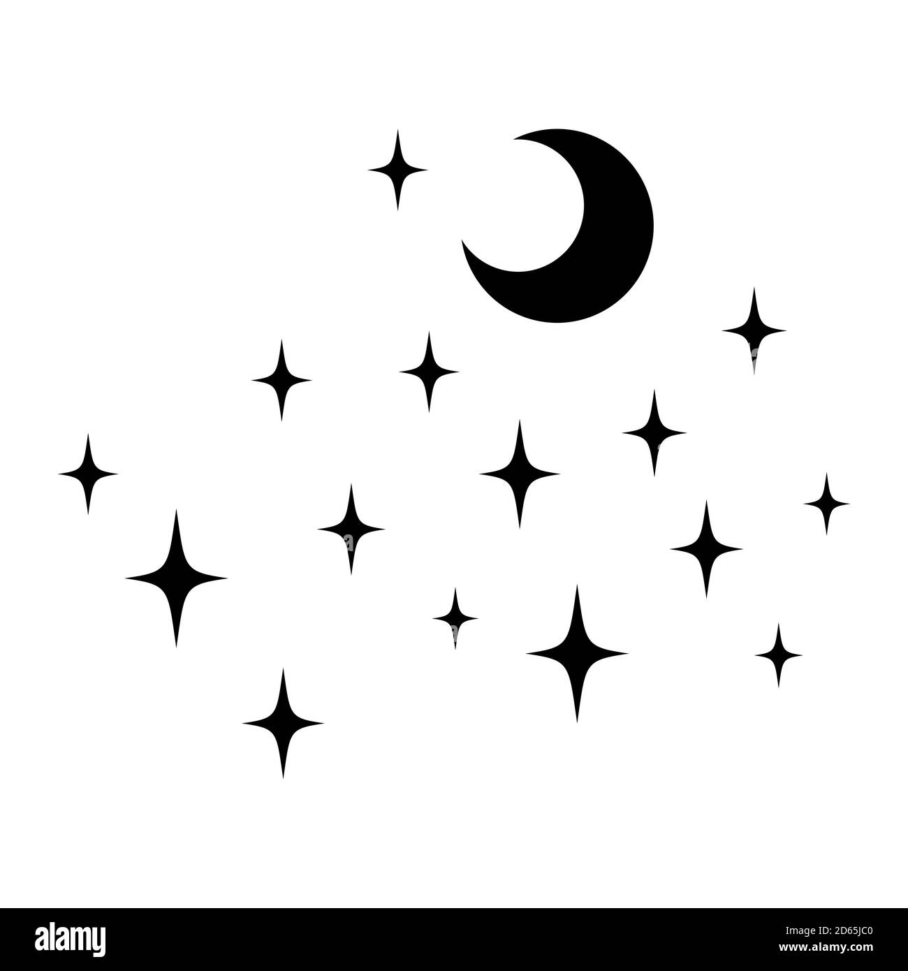 Black vector stars and moon. Minimal sparkles isolated on white. . Vector illustration Stock Vector