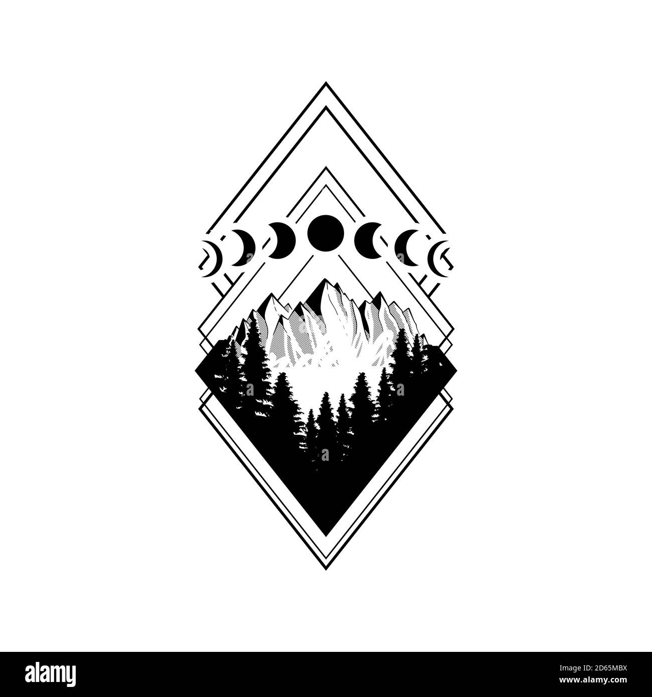 Wanderlust adventure travel rhombus icon. Diamond mountains and forest black on white. Vector illustration. . Vector illustration Stock Vector