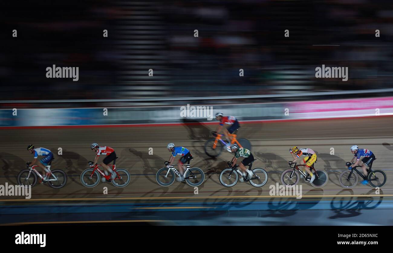 Riders during day one of the Phynova Six Day Cycling at Lee Valley VeloPark, London. Stock Photo