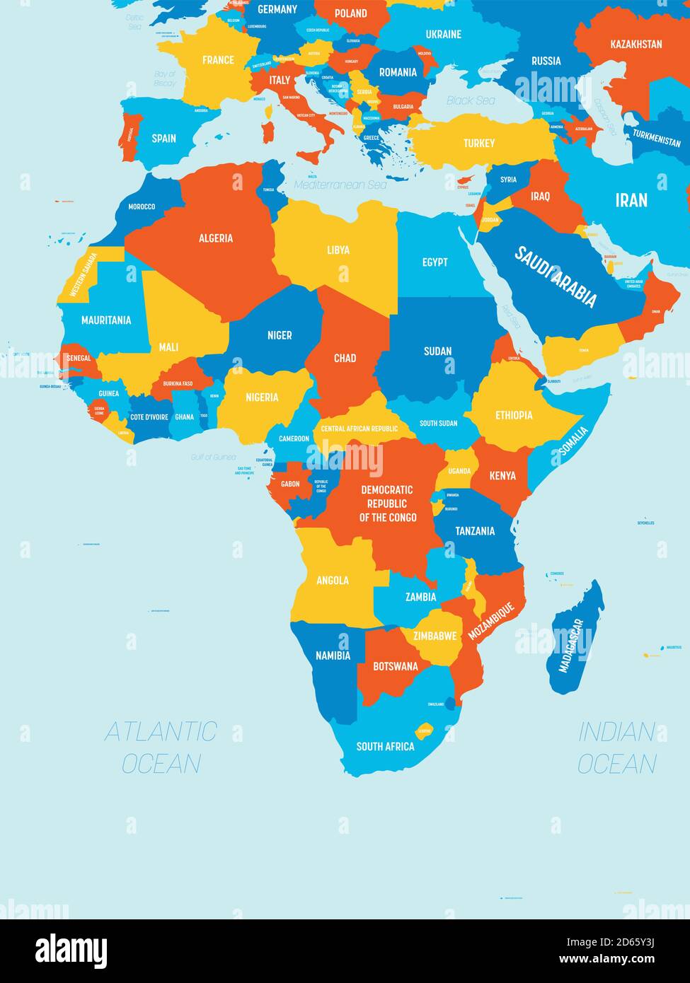 Africa Map 4 Bright Color Scheme High Detailed Political Map Of African Continent With Country Ocean And Sea Names Labeling Stock Vector Image Art Alamy