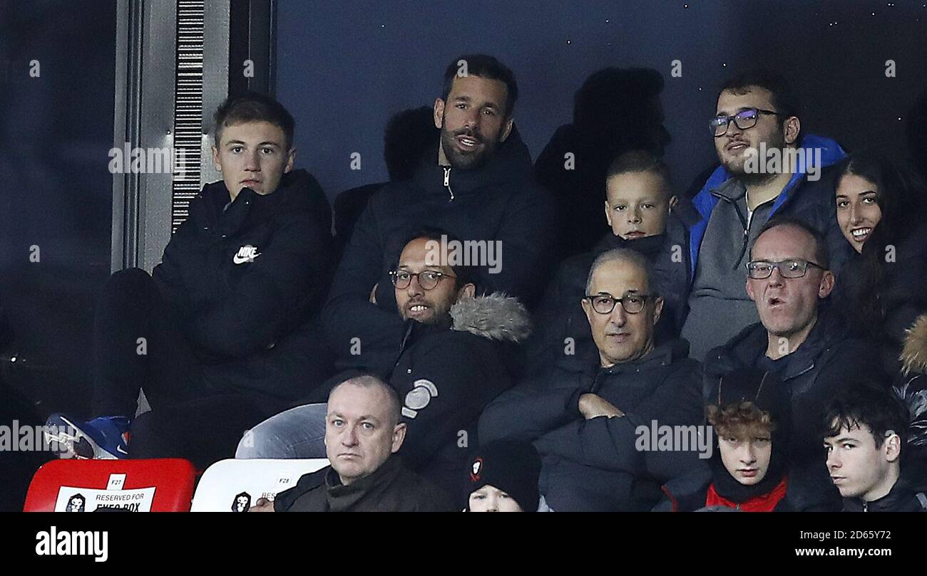 Former Manchester United striker Ruud Van Nistelrooy watches from the stand as Salford City play Swindon Town. Stock Photo