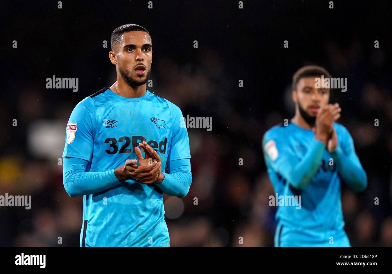 Derby County's Max Lowe (left) applauds the fans after the final whistle Stock Photo