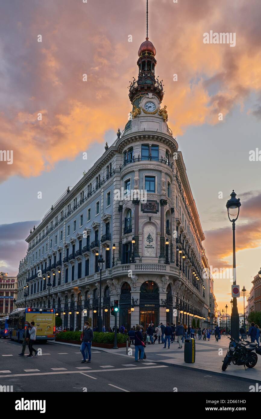 Four Seasons hotel and Hermes store in an old bank headquarters, Calle Alcala, Madrid, Spain, September 2020 Stock Photo