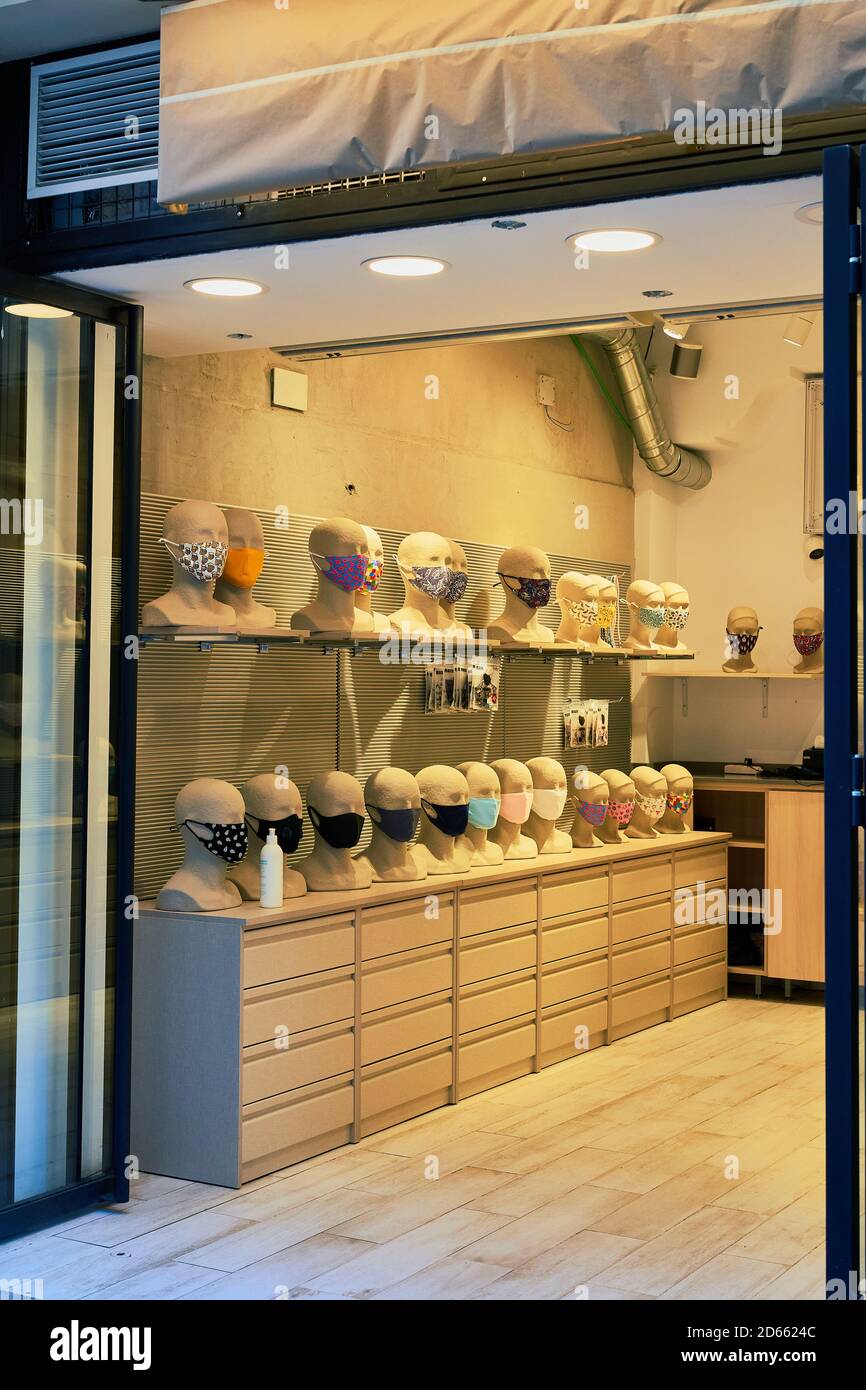 Interior of a store selling facemasks, Calle Fuencarral, Madrid, Spain, September 2020 Stock Photo