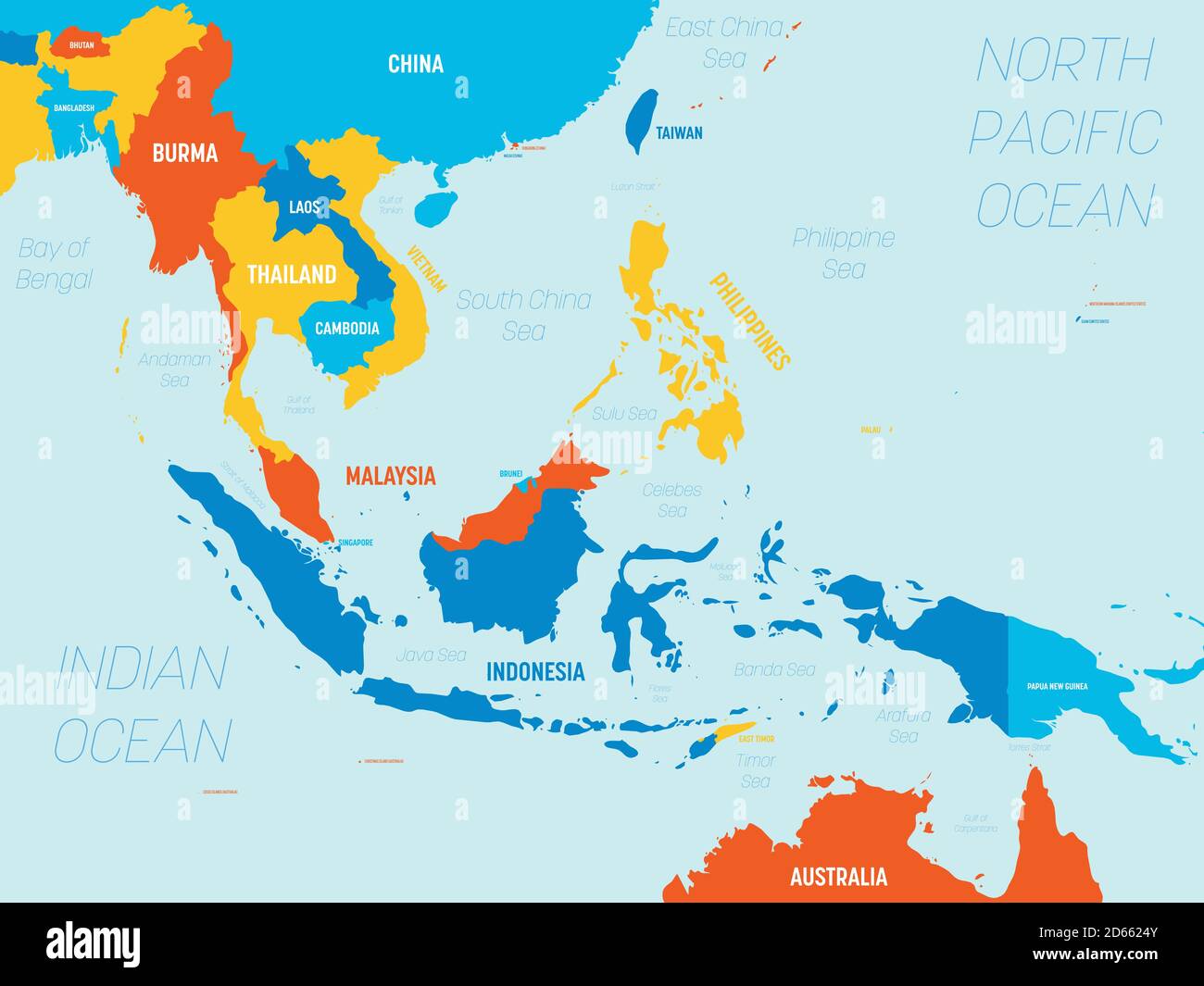 Southeast Asia map - 4 bright color scheme. High detailed political map of southeastern region with country, ocean and sea names labeling. Stock Vector