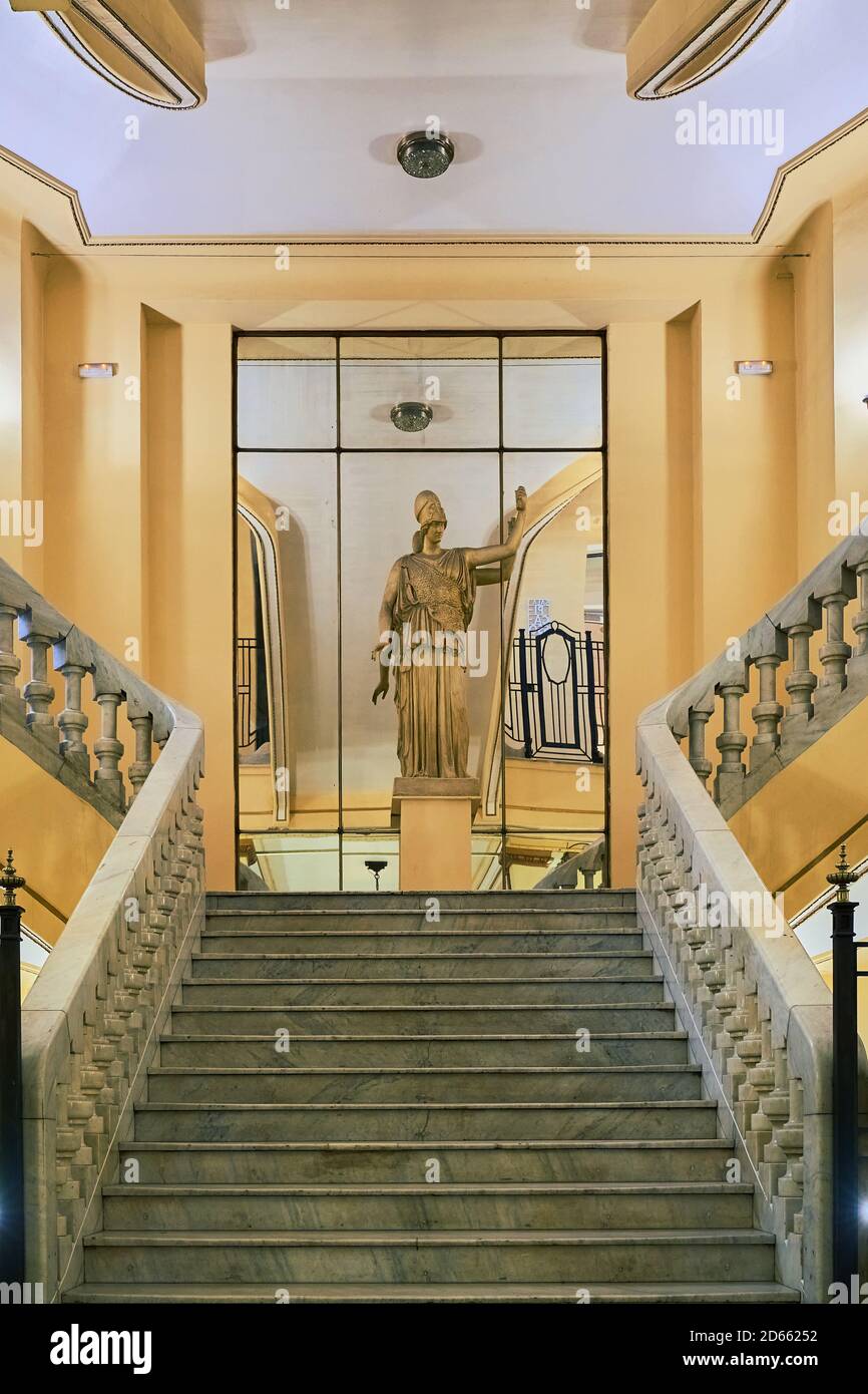 Interior main staircase of the Circulo de bellas Artes with mirror and statue, Madrid, Spain, September 2020 Stock Photo