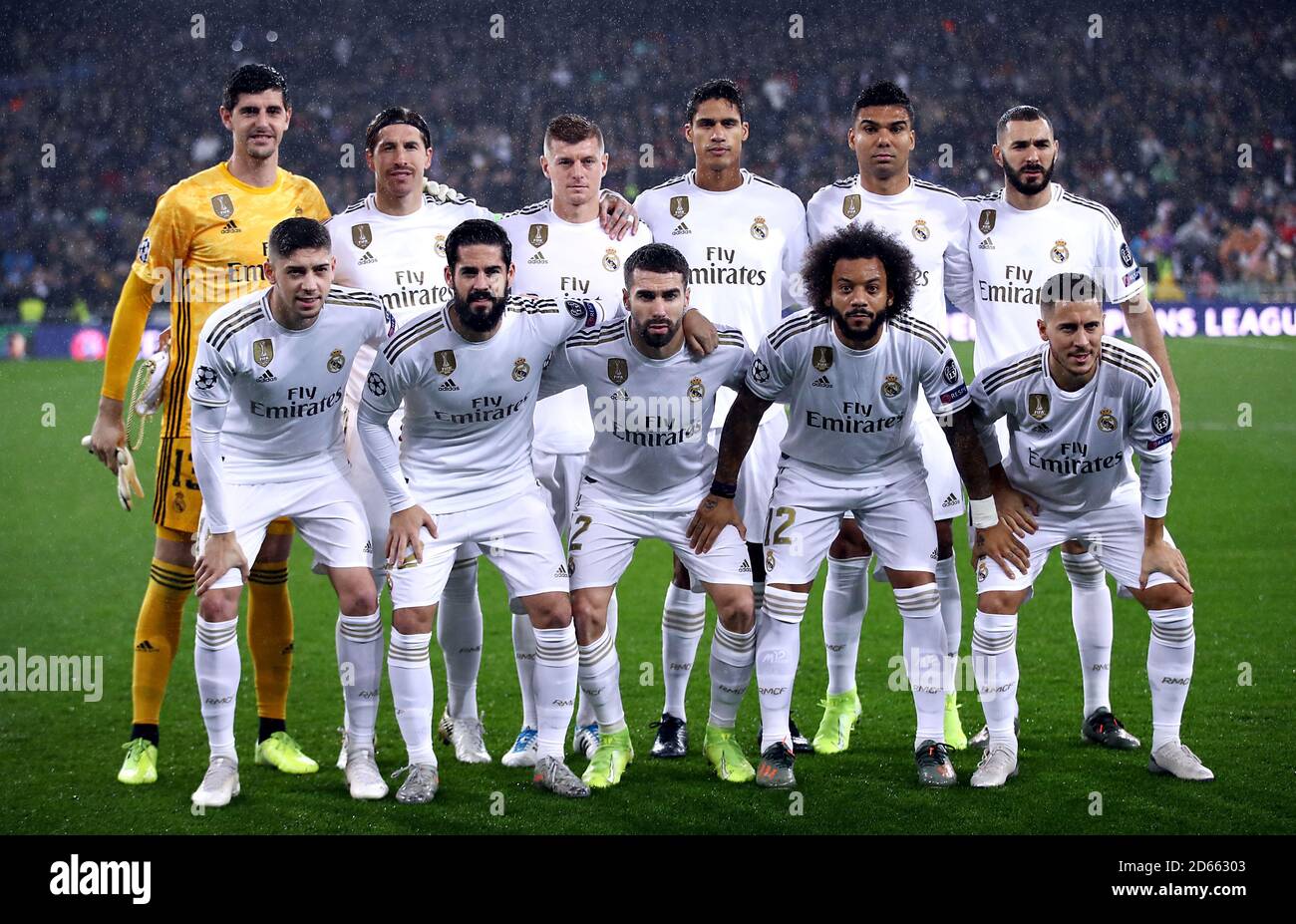 Real Madrid team photo (top row left-right) goalkeeper Thibaut Courtois, Sergio Ramos, Tony Kroos, Raphael Varane, Casemiro, Karim Benzema (bottom row left-right) Federico Valverde, Isco, Dani Carvajal, Marcelo and Eden Hazard Stock Photo