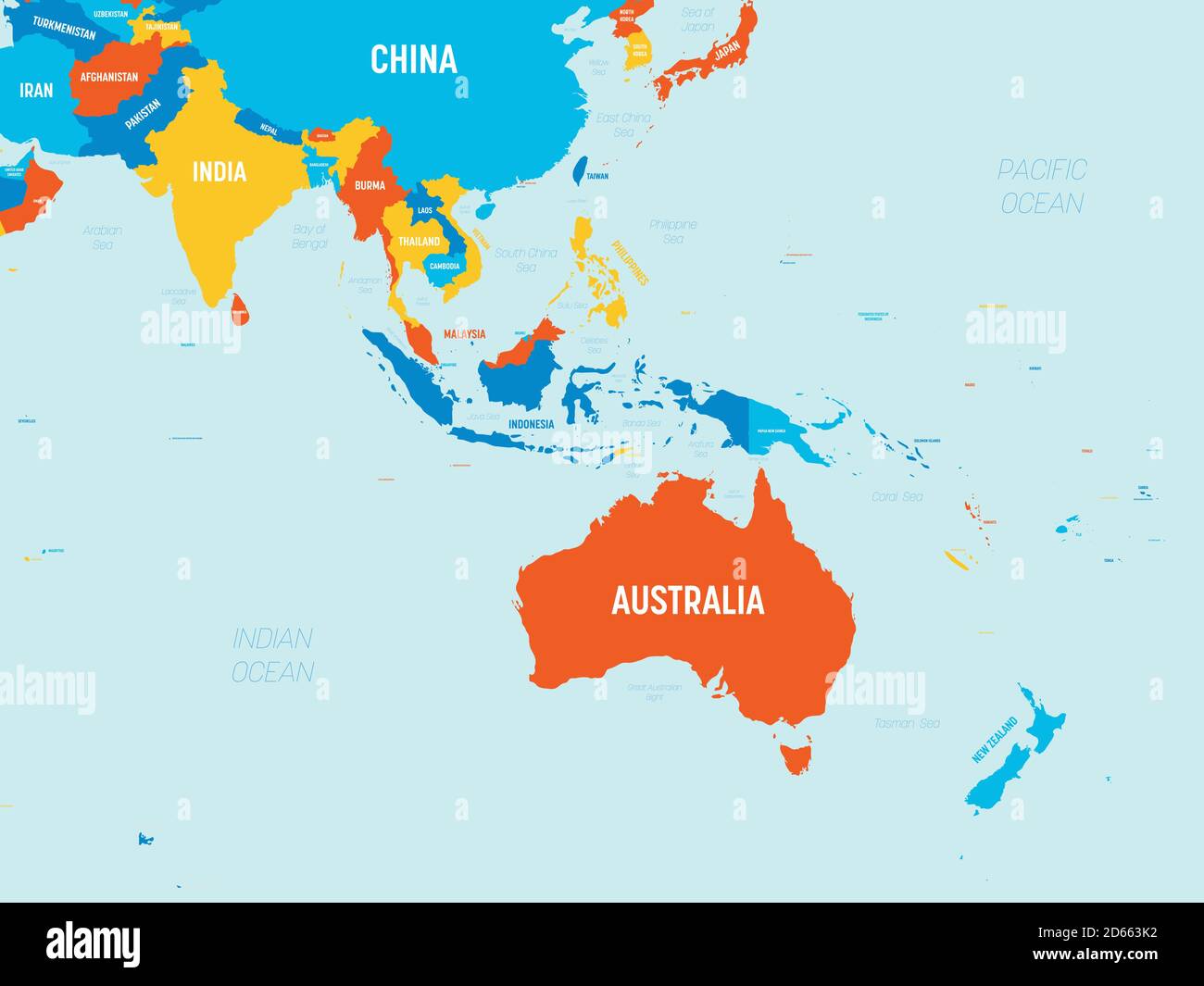 Australia And Southeast Asia Map. High Detailed Political Map Of Australian And Southeastern Asia Region With Country, Ocean And Sea Names Labeling Stock Vector Image & Art - Alamy