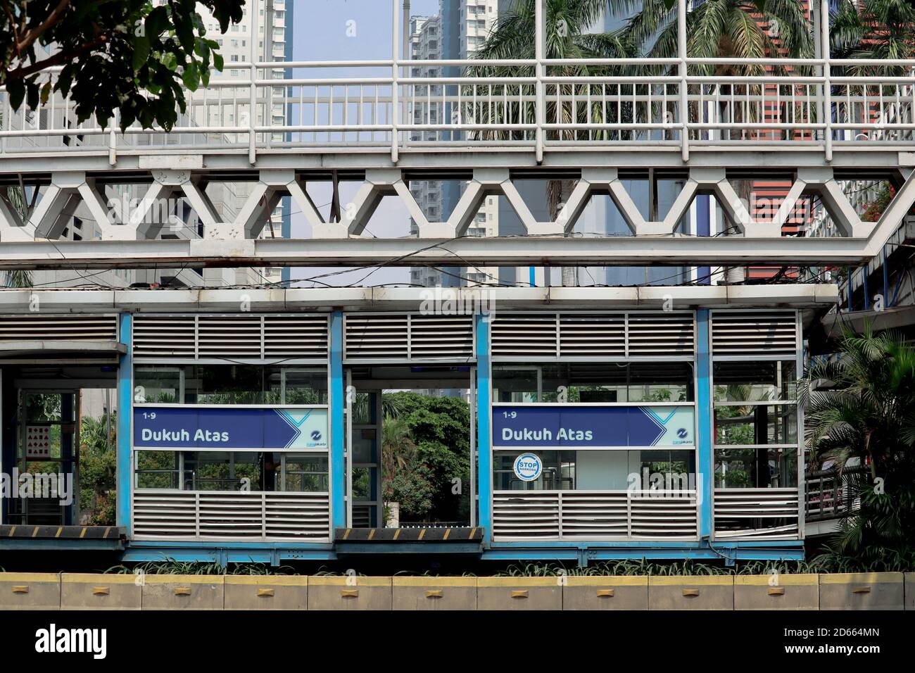 Jakarta / Indonesia - September 5, 2020. The nameplate of the Dukuh Atas stop is a special Transjakarta bus stop Stock Photo