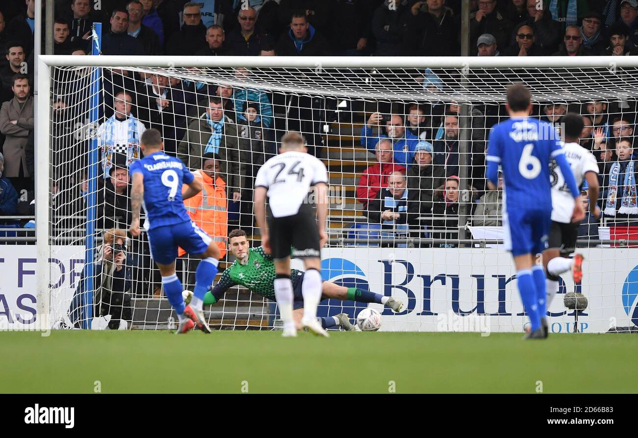 Coventry City goalkeeper Marko Marosi fails to stop Bristol Rovers spot kick Stock Photo