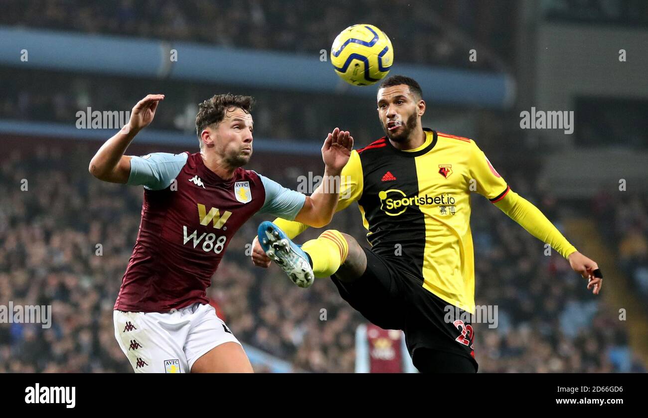 Aston Villa's Danny Drinkwater (left) and Watford's Etienne Capoue battle for the ball Stock Photo